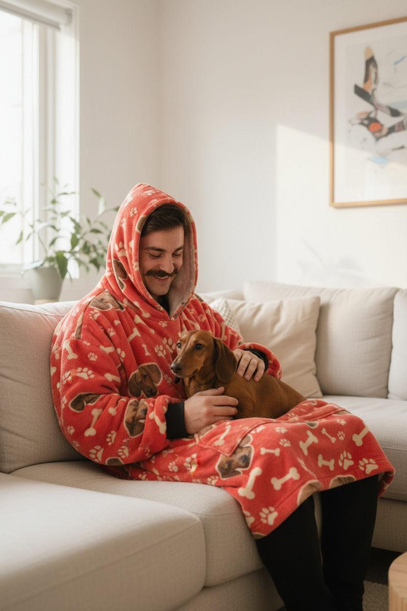 Man sitting on sofa wearing personalised pet wearable blanket with dachshund